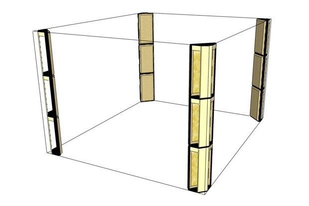 Corner bass trapping basics. Floor-to-ceiling bass traps arranged to treat wall-to-wall corners in a listening room or control room.