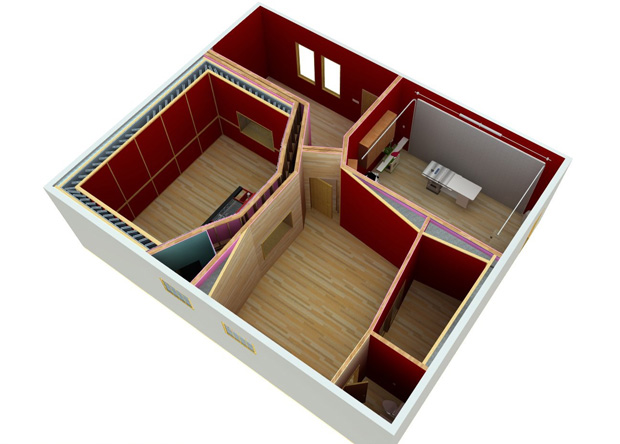 Perspective aerial view of home recording studio barn conversion, produced during the design development phase.