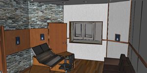 3D conceptual view inside a 5.1 control room (window looks out to live music room), produced during the schematic design phase.