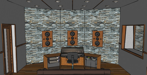 Recording studio control room with flush-mounted studio monitors
