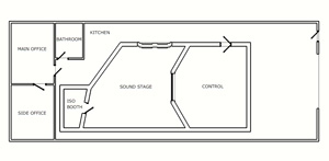 First draft of recording & post production studio layout produced during the schematic design phase.
