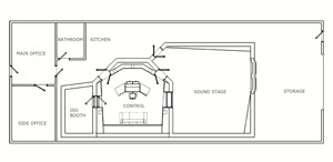 Revised draft of recording & post production studio layout produced during the schematic design phase.